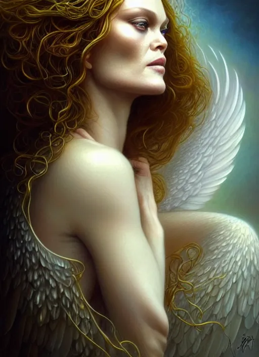 Image similar to vanessa paradis as an angel, aesthetic, fine art, intricate, elegant, highly detailed, realistic hair, centered, digital painting, art station, conceptual art, soft, sharp focus, illustration, artwork, artgerm, tomasz alen kopera, peter mohrbacher, donato giancola, wlop, boris vallejo