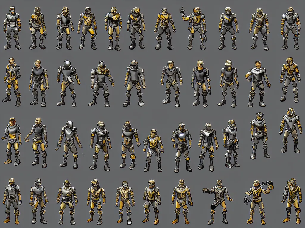 Prompt: isometric sprite sheet of detailed fallout power armor! holding gun, smooth, 8 k, gouache, kitbash, centered, by artgerm, solid background
