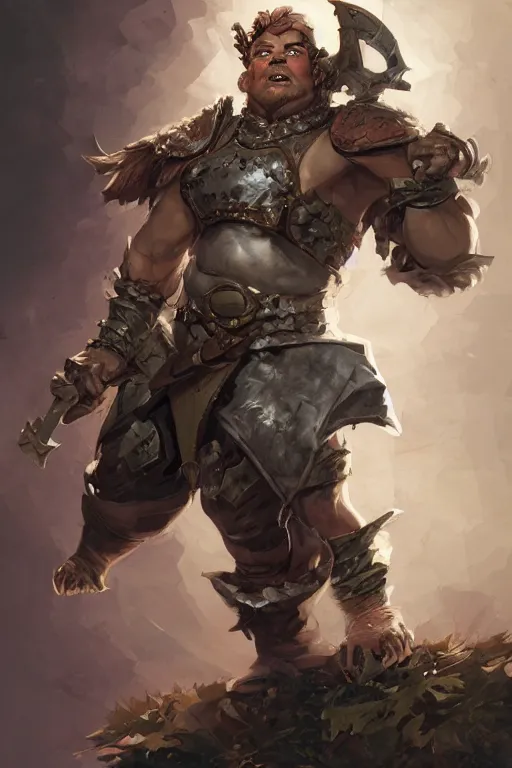 Prompt: portrait of the spring halfling brute wearing stormcraddle (halberd) by artgerm and Craig Mullins, James Jean, Andrey Ryabovichev, Mark Simonetti and Peter Morbacher 16k