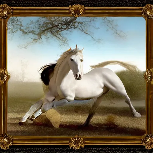 Image similar to an all white horse, with no facial features, like a white mask pulled over their face, full body laying in a blood red pool of water between a golden mirror frame, outside is space at the bohemian grove and inside the mirror frame is a beautiful landscape., physically accurate, dynamic lighting, intricate, elegant, highly detailed, very very Roberto Ferri, sharp focus, very very unsettling, very terrifying, illustration, art