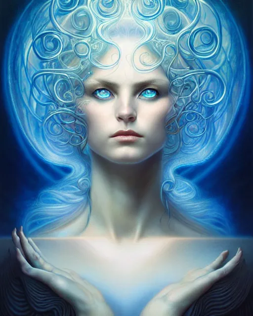 Prompt: a detailed portrait of dreampunk goddess ( waves ) fractal ( glass ) ( lightning ) beautiful! ( ( blue eyes ) ) by tomasz alen kopera and peter mohrbacher and johanna martine! and margaret keane! elegant alluring seductive luminescent