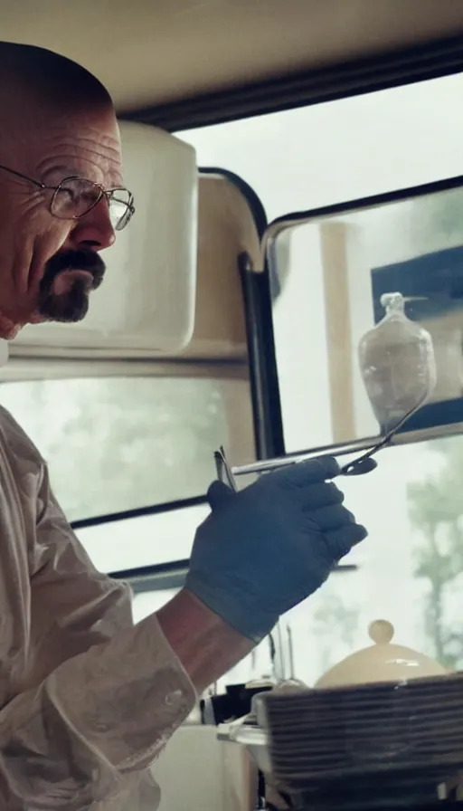 Image similar to film still of kim kardashian as walter white cooking meth inside an rv on the tv show breaking bad, full-shot, 4k