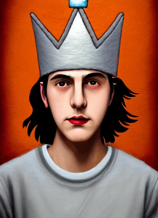 Image similar to portrait of teenage jughead jones wearing a light grey crown, photorealistic, crown made of fabric, crown with pin badges, crown with pins, crown made of felt, black hair, intricate, elegant, highly detailed, digital painting, glowing lights, artstation, concept art, smooth, sharp focus, illustration, art by wlop, mars ravelo and greg rutkowski