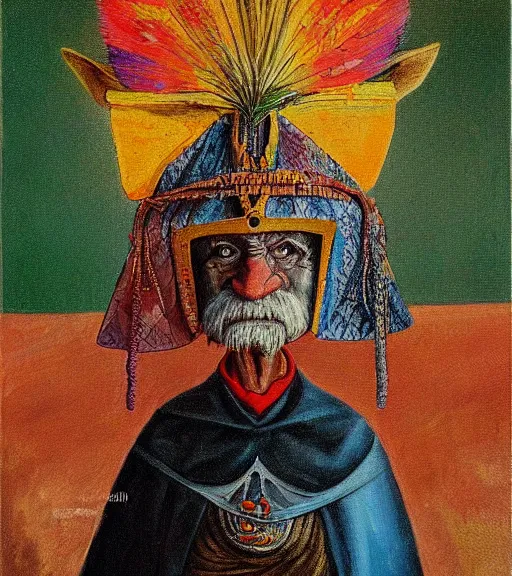 Image similar to Portrait painting in a style of Hieronim Bosch of an old shaman dressed in a colorful traditional clothes.