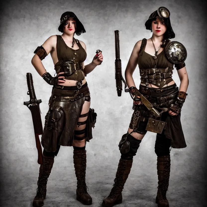 Image similar to full length photo of a very beautiful female dieselpunk warrior with weapons, 8 k, hdr, smooth, sharp focus, high resolution, award - winning photo