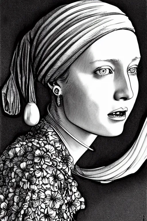 Image similar to beautiful portrait of a woman, negative no not the girl with a pearl earring, highly detailed ink illustration, b & w clean shaped illustration by kim jung gi, ric estrada, ron english and eiichiro oda