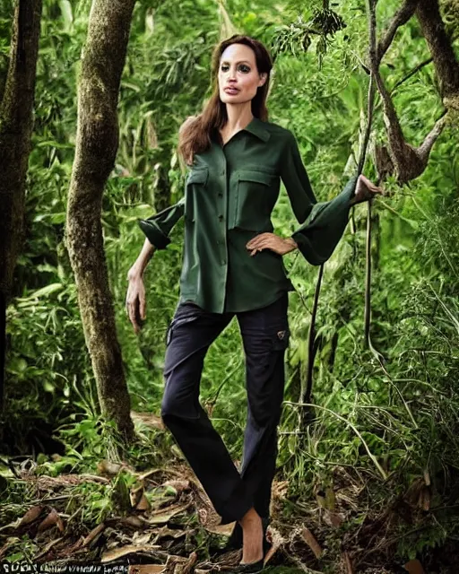 Prompt: angelina jolie wearing a green long sleeved shirt and cargo pants, encounters wild gorillas in the forests of the congo, photographed in the style of national geographic