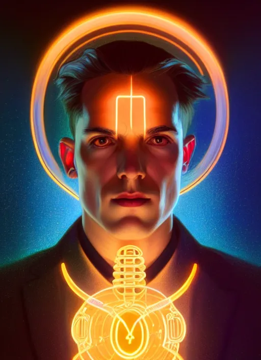 Image similar to symmetry!! portrait of nicola tesla male, chemisty, sci - fi, glowing lights!! intricate, elegant, highly detailed, digital painting, artstation, concept art, smooth, sharp focus, illustration, art by artgerm and greg rutkowski and alphonse mucha, 8 k