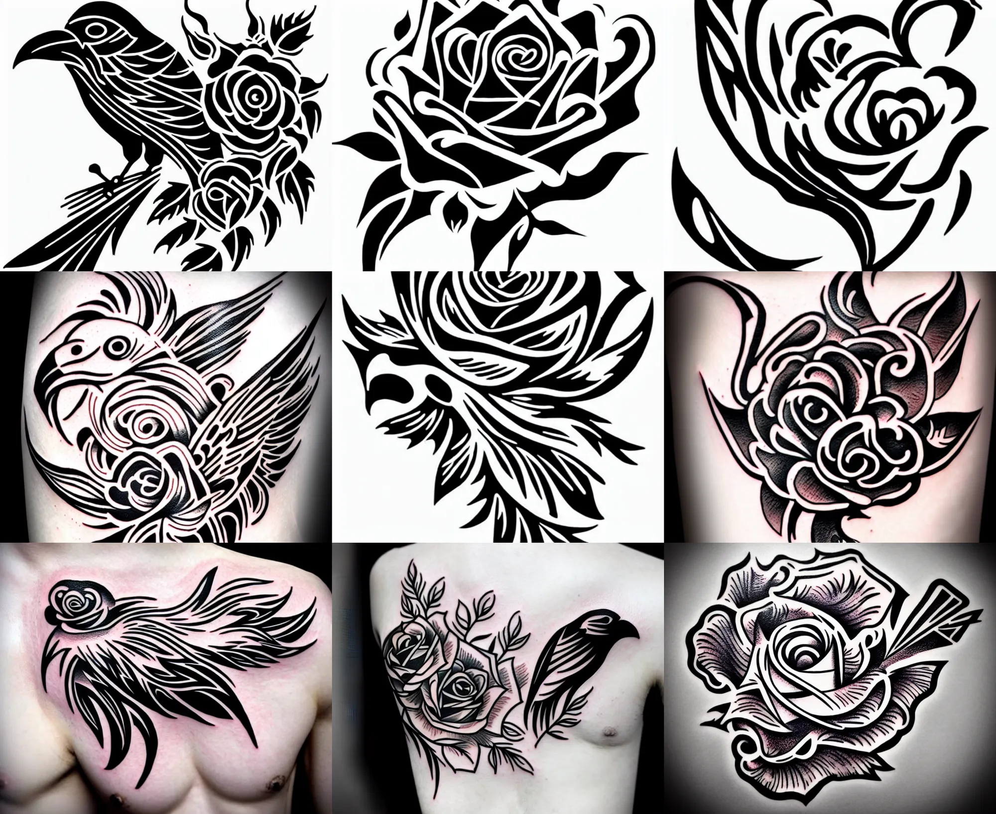 Image similar to Tattoo Stencil stylized crow rose Raven, bold strong lines very highly aesthetic
