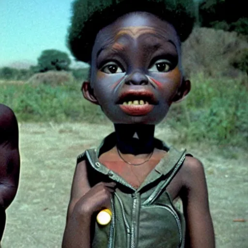 Prompt: a small african boy and a girl in a fox costume, movie still from'tank girl ', afrofuturism, by jamie hewlett and sawoozer and roger ballen,