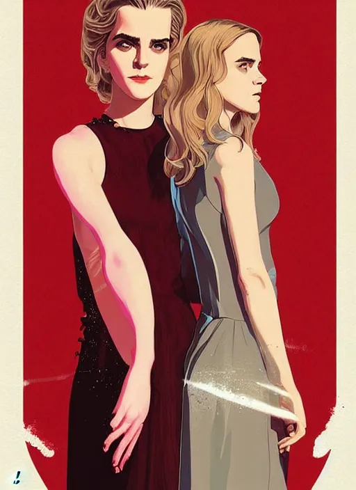 Image similar to poster artwork by Michael Whelan and Tomer Hanuka, Karol Bak Emma Watson and Kiernan Shipka in beauty pageant, from scene from Twin Peaks, clean