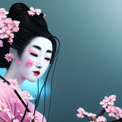 Image similar to extremely beautiful geisha gazing into camera lens, hyper realistic 3 d digital art, cherry blossom pedals floating around, trending on artstation