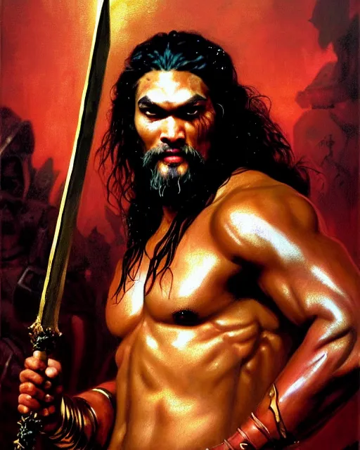 Image similar to beautiful portrait oil painting, jason momoa conan the barbarian wearing a golden wreath crown in royal crimson spartan armor enthroned as the god emperor of ancient rome, mid - shot, action pose, standing in a dungeon, frank frazetta, boris vallejo, greg rutkowski, beautiful cinematic light, american romanticism, by thomas lawrence, greg rutkowski
