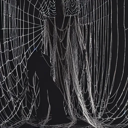 Image similar to Ghastly wires coil from a wall, forming a thick spiderweb. Thin strands of metal glisten as they stretch toward a figure in the darkness. The figure is clad in a black robe with a hood that conceals his face. The figure stares at a mannequin hanging down from one of the wires. The mannequin has the head and the torso of an ape, but no arms or legs.