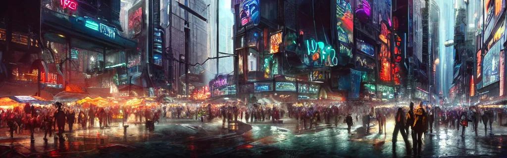 Image similar to a busy cyberpunk street marketplace with a heavy police presence. night, raining, 8 k, epic cinematic hyperrealism masterpiece. realistic poster with shaded lighting by craig mallismo, artgerm, jeremy lipkin and michael garmash, unreal engine, radiant light, detailed and complex environment, digital art, art station trends, detailed, lens flare, motion blur