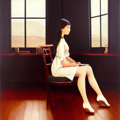 Prompt: oil painting by ilya kuvshinov, rhads, coby whitmore, of a youthful japanese beauty, long hair, sitting on antique chair leaning against a desk, victorian room