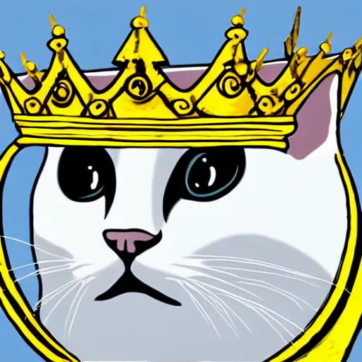 Prompt: a cartoon art of a white cat wearing a golden crown and black goggles