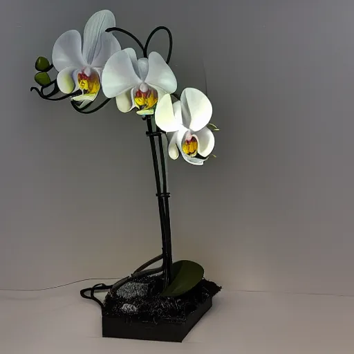 Image similar to an orchid flower made of metal, cybertronic, reflective, glowing