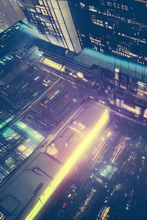 Image similar to cyberpunk buildings with a flight vehicle glowing in the sky, neon sign, bottom view, wide shot, bladerunner, pixiv