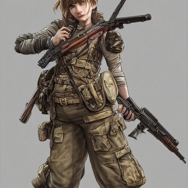 Image similar to the portrait of lawful neutral semi - colorful female infantry sniper as absurdly beautiful, gorgeous, elegant, young woman looking up, an ultrafine hyperdetailed illustration by kim jung gi, irakli nadar, intricate linework, bright colors, octopath traveler, final fantasy, unreal engine 5 highly rendered, global illumination, radiant light, detailed and intricate environment