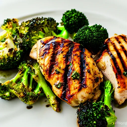 Prompt: Grilled chicken, chimichurri sauce, roasted broccoli, Michelin starred restaurant, award winning photography