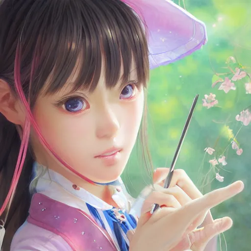 Image similar to dynamic composition, motion, ultra-detailed, incredibly detailed, a lot of details, amazing fine details and brush strokes, gentle palette, smooth, HD semirealistic anime CG concept art digital painting, watercolor oil painting of a young J-Pop idol schoolgirl, by a Japanese artist at ArtStation. Realistic artwork of a Japanese videogame, soft and harmonic colors.