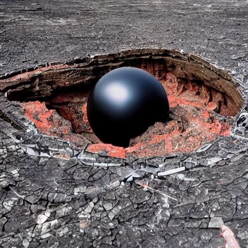 Prompt: A giant shiny black sphere, crashed in the ground, cracks, gas fire in cracks, viewed from the side, hd photograph