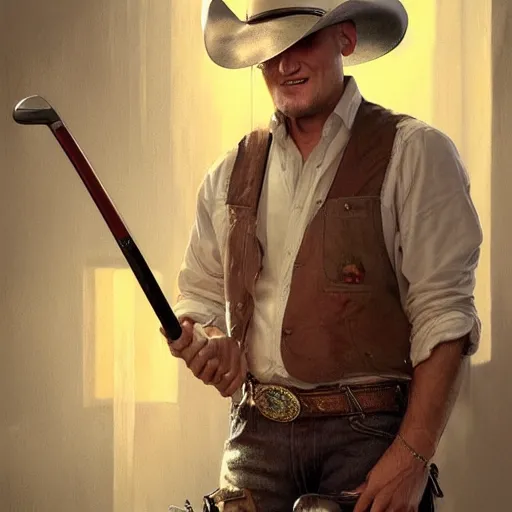 Prompt: portrait painting of smirk woody harrelson, with a cowboy hat and bloody golf club, ultra realistic, concept art, intricate details, eerie, highly detailed, photorealistic, octane render, 8 k, unreal engine. art by artgerm and greg rutkowski and alphonse mucha