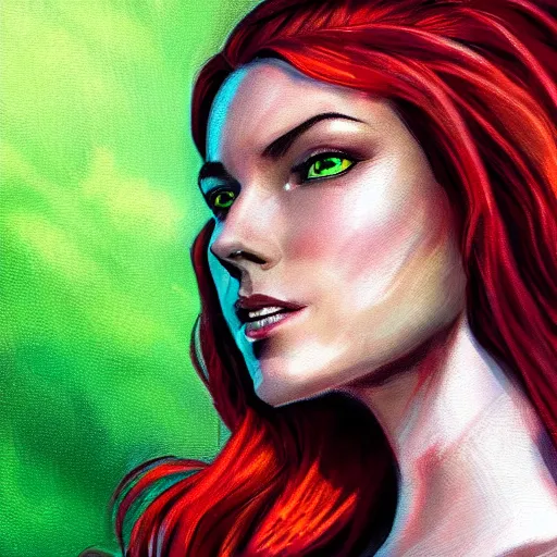 Image similar to jean grey, a half body portrait of jean grey, green eyes, red hair, phoenix, flames, flying, comic, x - men, highly detailed, artstation, symetry, digital painting, vivid colors, realistic shaded perfect face, soft lighting, atmospheric, cinematic, moody, in the style of alex ross, oil on canvas, 8 k