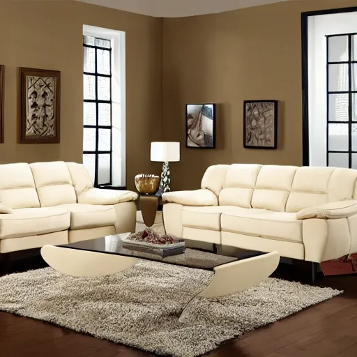 Prompt: creme colored living room set, furniture magazine, promotional photo