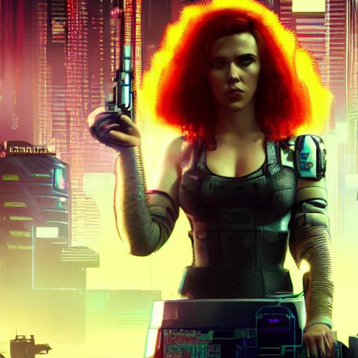 Image similar to scarlett johansson after a bad mission in Cyberpunk 2077. CP2077. 3840 x 2160