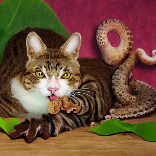 Image similar to hybrid cat and octopus, photograph, highly realistic