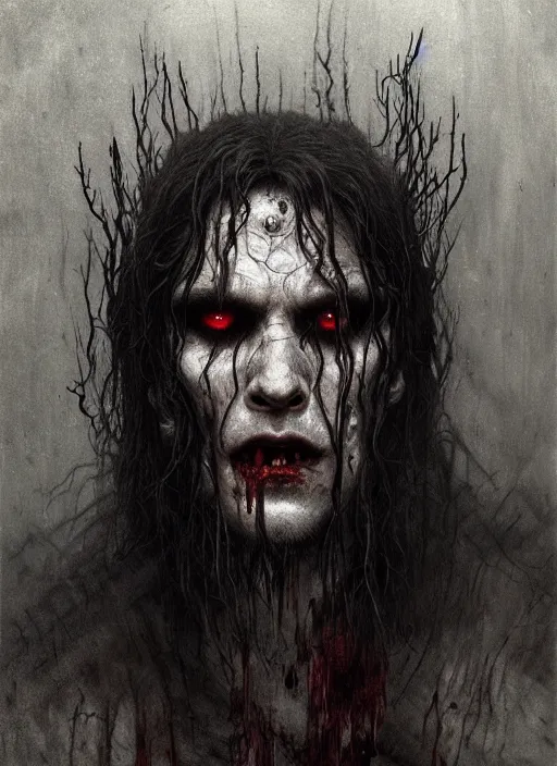 Image similar to portrait of a ancient bloodthirsty vampire man revenant with long tangles of black hair, eerie glowing eyes, gothic fog ambience, hyper realistic head, fantasy art, in the style of greg rutkowski, zdizslaw beksinski, intricate, alphonse mucha, hyper detailed, smooth