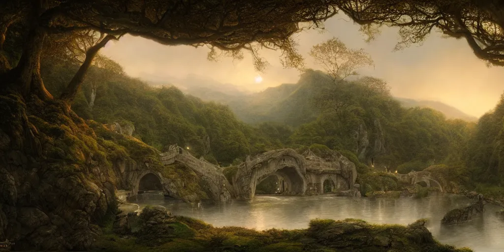 Prompt: The Pavilion at the gorge in Rivendell, evening, detailed matte painting, cinematic, Alan Lee, Artstation