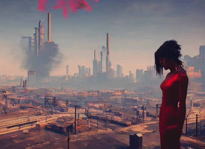 Image similar to mysterious sad rotten girl wrapped in smoke and a red dress is observing a big industrial city metropoli in the distance, cloudy sky, cyberpunk 2 0 7 7