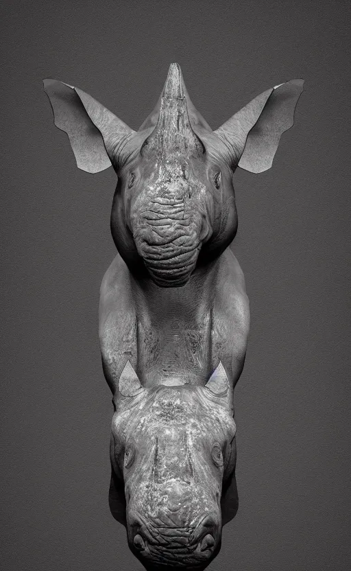 Image similar to rhino head made of black cast iron on a black background. gothic baroque. low poly. symmetry. epic. ominous shapes. hyper detailed.