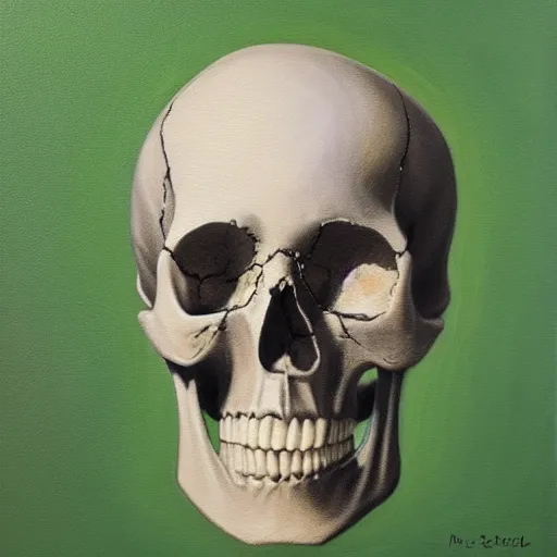 Prompt: a rough portrait of an old skull, pale green background, oil painting