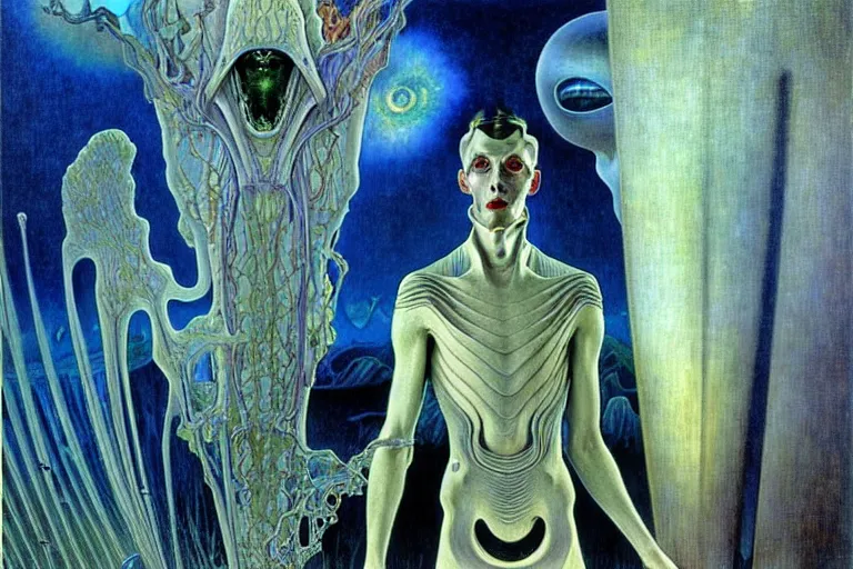 Image similar to realistic extremely detailed portrait painting of an elegantly creepy vampire man in cape, futuristic sci-fi landscape on background by Jean Delville, Amano, Yves Tanguy, Alphonse Mucha, Ernst Haeckel, Edward Robert Hughes, Roger Dean, rich moody colours, blue eyes