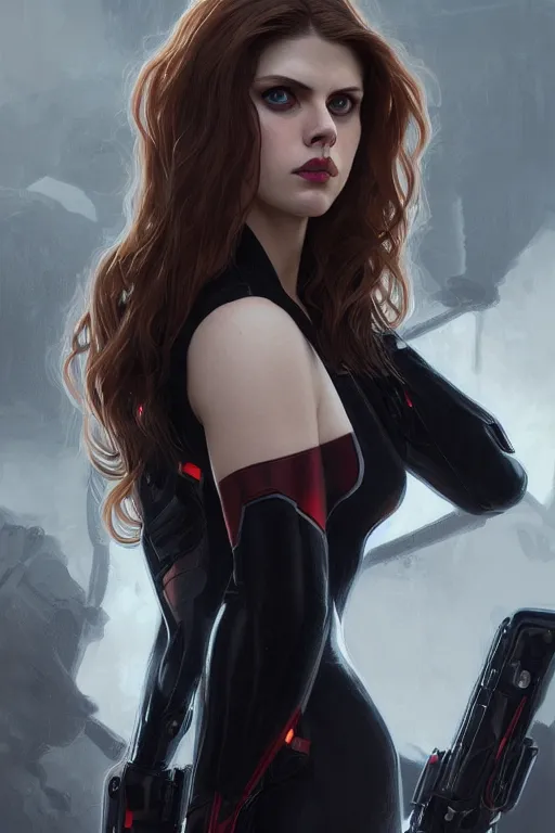 Image similar to alexandra daddario as black widow, realistic portrait, symmetrical, highly detailed, digital painting, artstation, concept art, smooth, sharp focus, illustration, cinematic lighting, art by artgerm and greg rutkowski and alphonse mucha