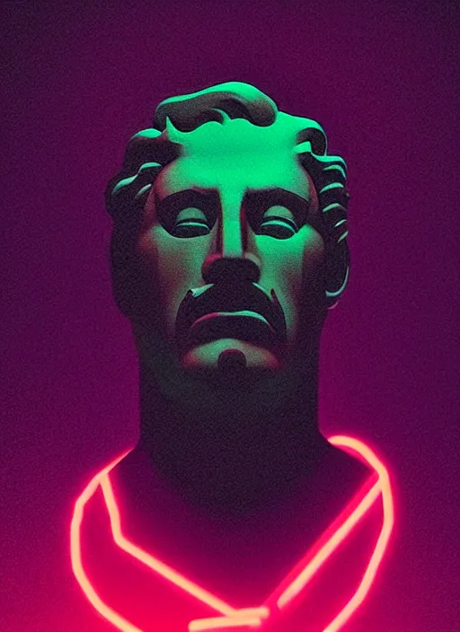 Prompt: statue of hercules looking angry, beeple, vaporwave, retrowave, black background, neon, black, glitch, strong contrast, neon wiring, cuts, pinterest, trending on artstation