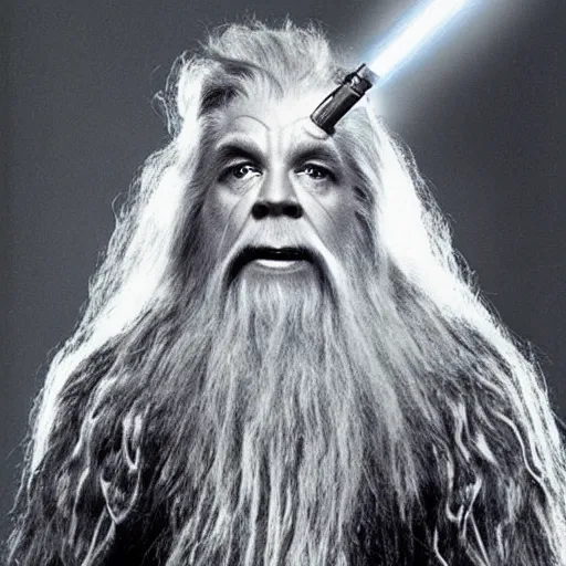 Image similar to gandalf as chewbacca, hair dryer commercial, hair dryer advertisement