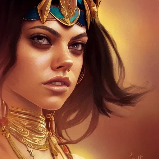 Prompt: a closeup portrait of a young mila kunis as cleopatra, gorgeous view, pyramid background, masterpiece, illustration by artgerm and greg rutkowski and alphonse mucha, digital art, trending on artstation