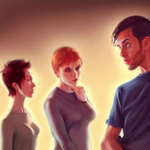 Image similar to realistic portrait of three male and one female characters look intensely at a terrified female author looking at some written notes, aesthetic!, trending on artstation, detailed digital art,