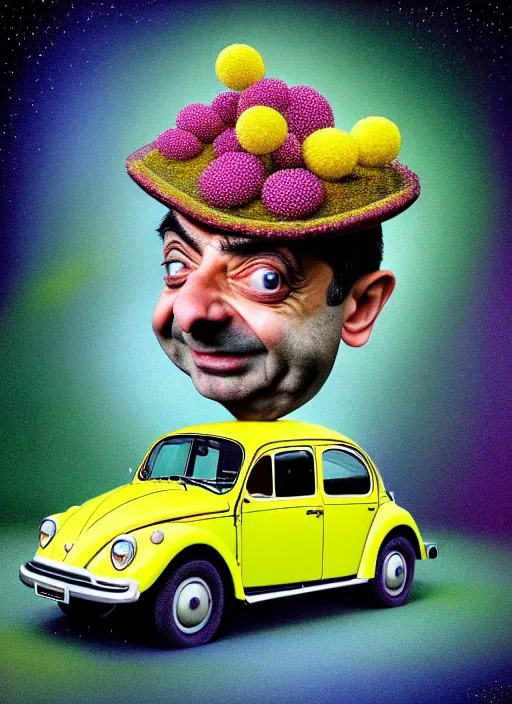 Image similar to hyper detailed 3d render like a Oil painting muted colors - slightly silly portrait of Rowan Atkinson cross eyed as Mr. Bean atop his yellow beetle in Aurora seen tickling of the Strangling network of yellowcake aerochrome and milky Fruit and Her delicate Hands hold of gossamer polyp blossoms bring iridescent fungal flowers whose spores black the foolish stars by Jacek Yerka, Mariusz Lewandowski, Houdini algorithmic generative render, Abstract brush strokes, Masterpiece, Edward Hopper and James Gilleard, Zdzislaw Beksinski, Nicoletta Ceccoli, Wolfgang Lettl, hints of Yayoi Kasuma, octane render, 8k