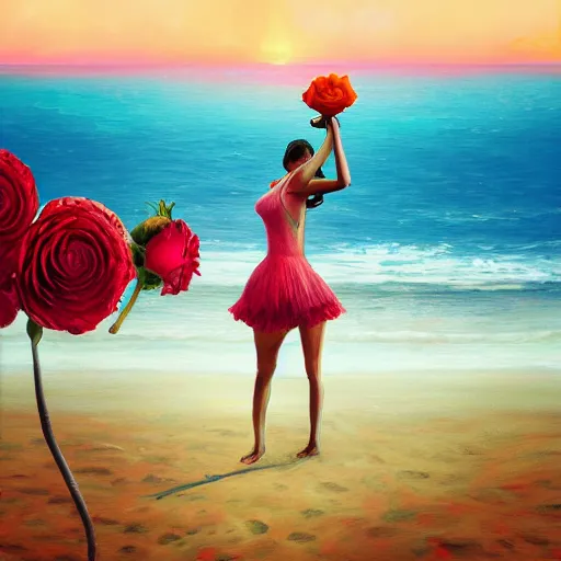 Image similar to portrait, giant rose flower head, girl dancing at the beach, surreal photography, sunrise, blue sky, dramatic light, impressionist painting, digital painting, artstation, simon stalenhag