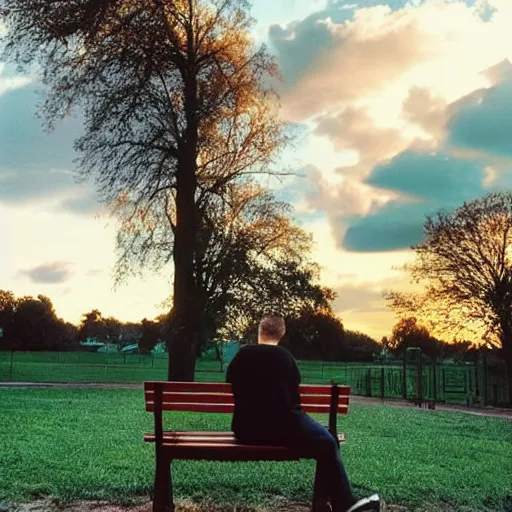 Image similar to 1 9 9 0 s candid 3 5 mm photo of a man sitting on a bench in a park writing in a notebook, cinematic lighting, cinematic look, golden hour, the clouds are epic and colorful with cinematic rays of light, photographed by petra collins, hyper realistic