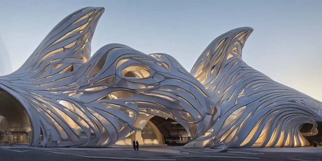 Image similar to extremely detailed ornate stunning sophisticated beautiful elegant futuristic museum exterior by Zaha Hadid, stunning volumetric light, sunset