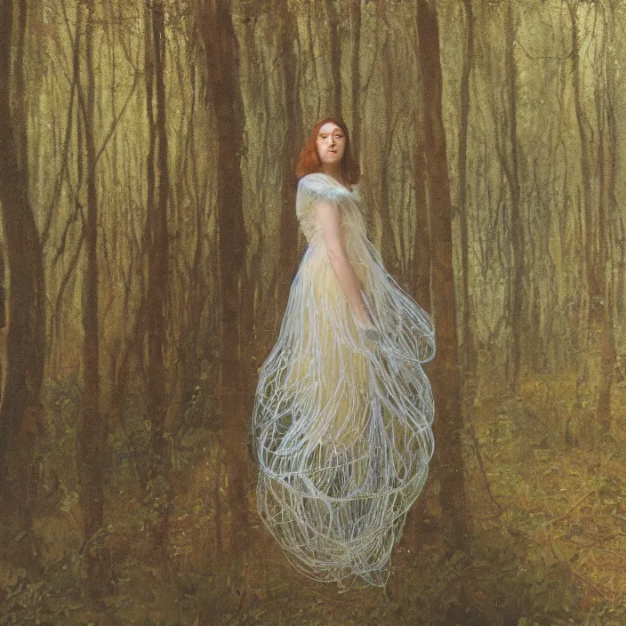 Image similar to a closeup portrait of a woman wearing a dress made of jelly fish and eels, standing in a forest, color photograph, by vincent desiderio, canon eos c 3 0 0, ƒ 1. 8, 3 5 mm, 8 k, medium - format print