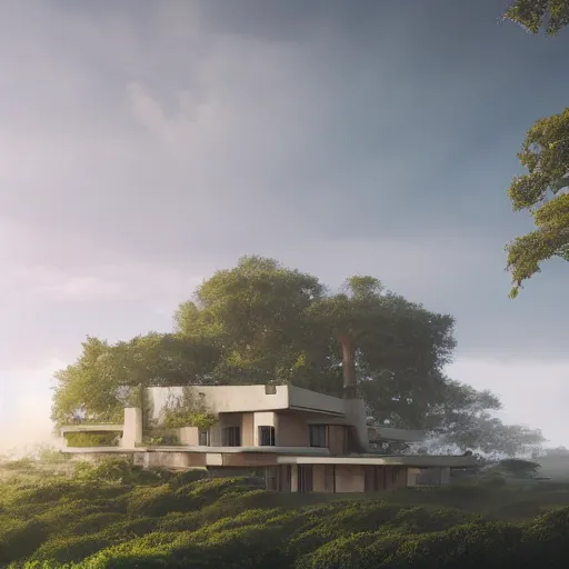 Prompt: beige rectangular house with big central garden, on a hill surrounded by big trees, dramatic lighting, artstation, matte painting, raphael lacoste, simon stalenhag, frank lloyd wright, zaha hadid, drone view
