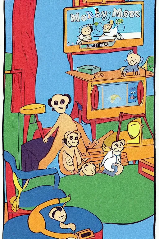 Image similar to an illustration of monkeys watching tv in the style of goodnight moon by margaret wise brown